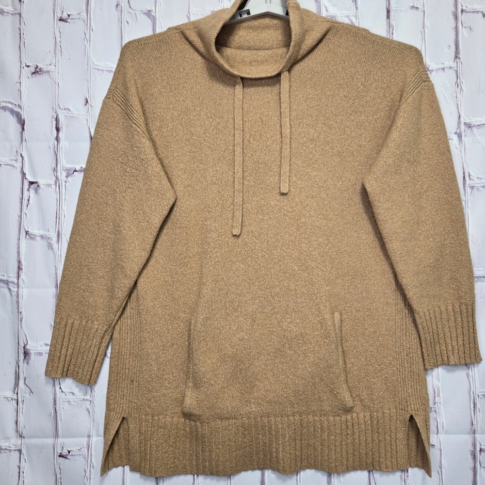 Talbots Women L Camel Tan Marl Funnel Neck Kangaroo Pocket Knit Sweater Top Soft